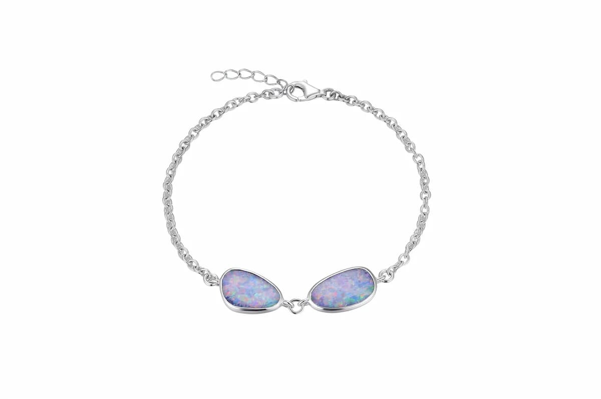 Two Iridescent Purple Natural Opal Freeform Bezel-Set Adjustable Solid Sterling Silver Bracelet