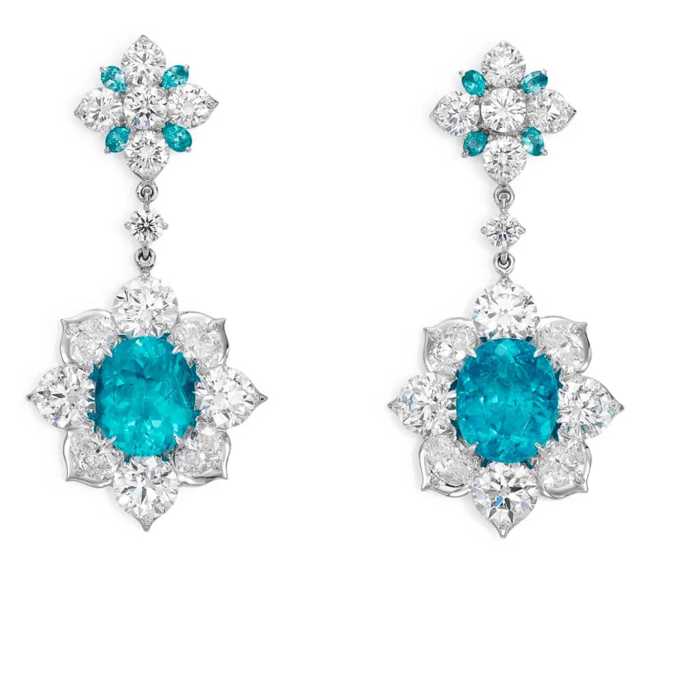 Two-Layer Double Flower Paraiba Diamond Lotus Dangle Earrings