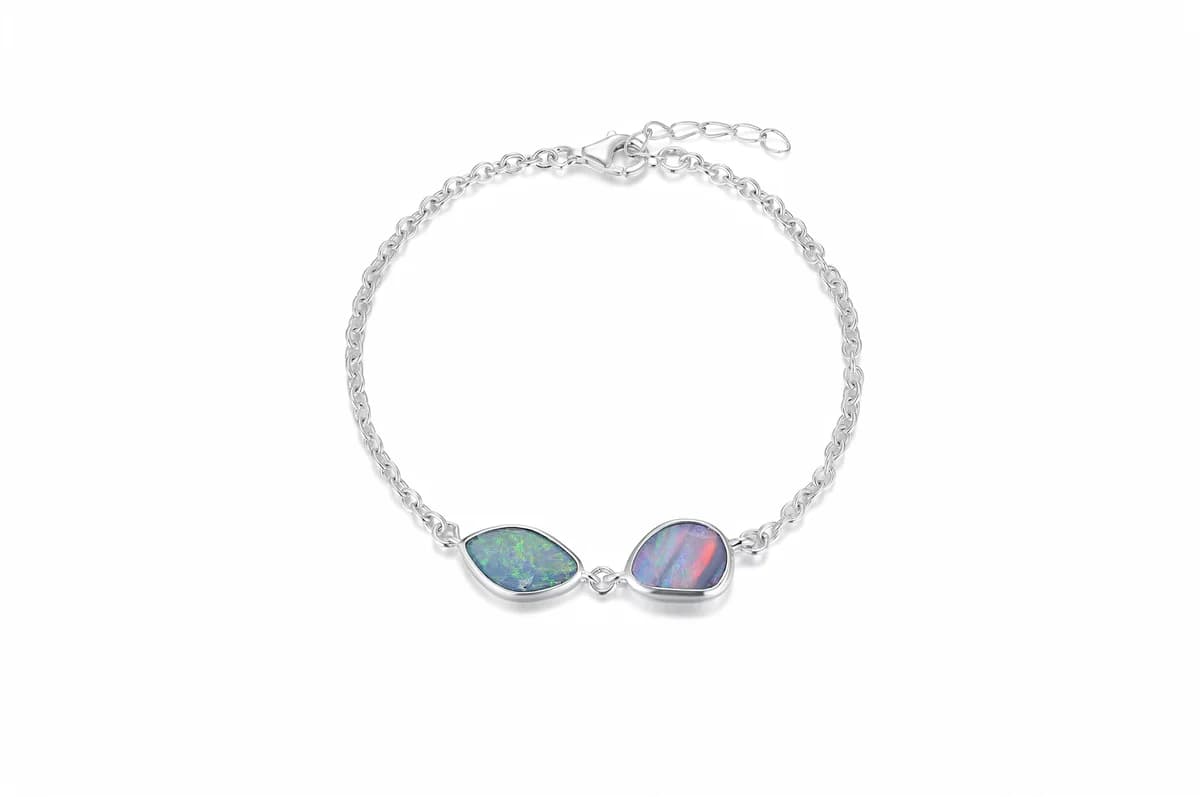 Two-Stone Inlay Natural Australian Opal Cable Chain Adjustable Solid Sterling Silver Bracelet