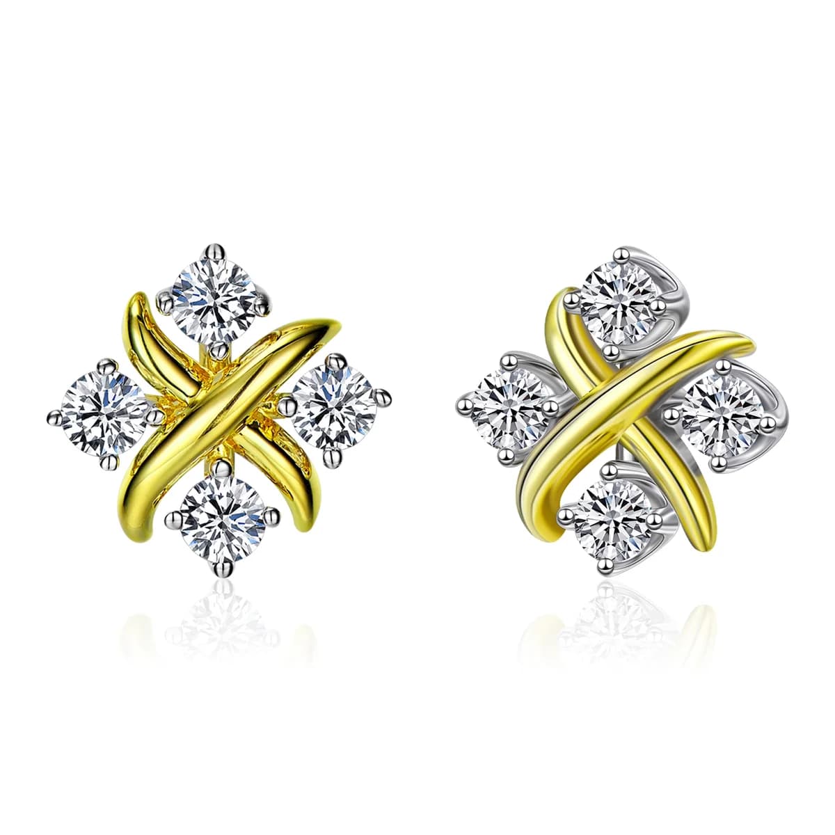 Two-Tone Bicolor Clover X-Cross 4-Diamond Petal Studs