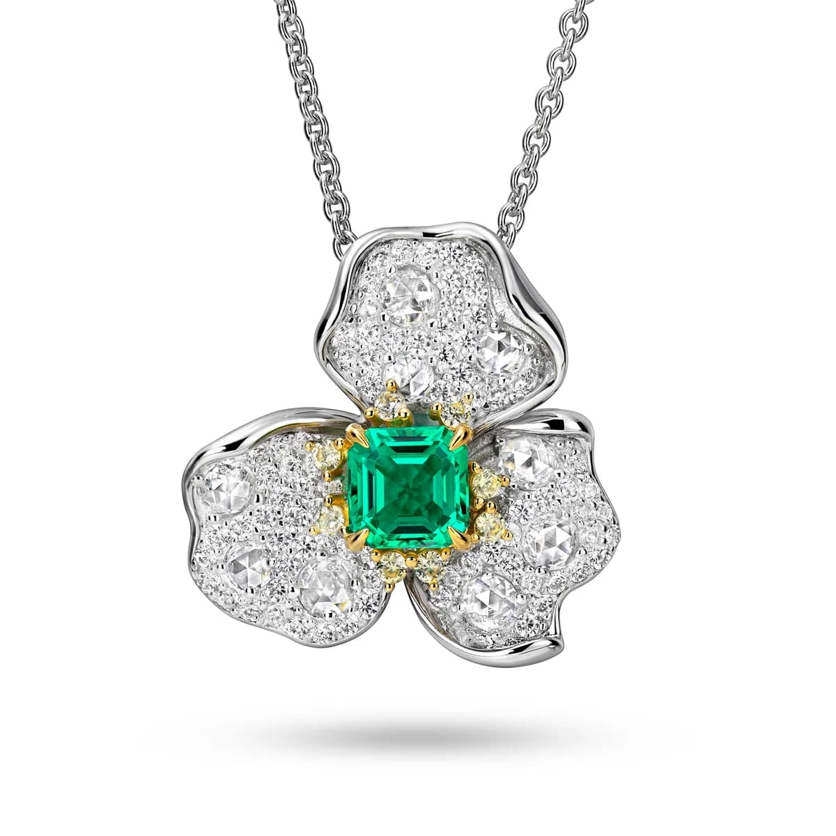 Two-Tone Micro Pave CZ Clover Emerald Pendant
