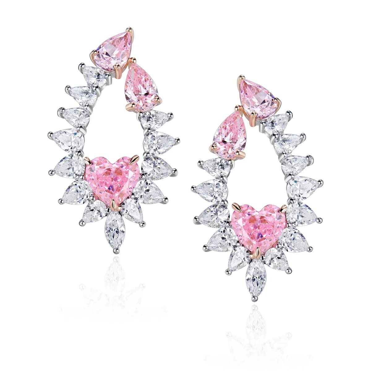 Two-Tone Valentine Open Waterdrop Heart Pink Gem Hoop Earrings